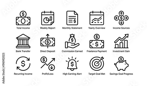 Financial management icons set: income, reports, payments, savings, investment, goals