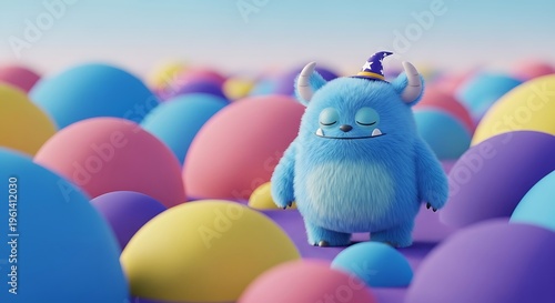 A cute, blue, furry monster with closed eyes and a wizard hat amidst colorful orbs