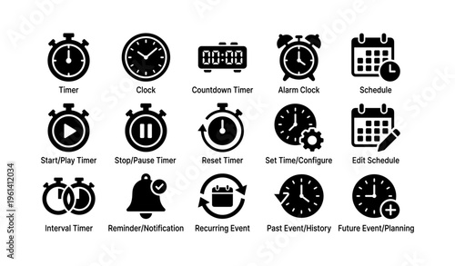 Icon set of timers and clocks for scheduling and event management