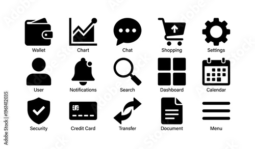 Set of 16 black interface icons for apps and websites