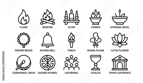 Ritual symbols collection featuring flame altar lotus chalice and sacred elements