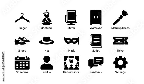 Theater icons set including costume, mirror, makeup, shoes, and script elements