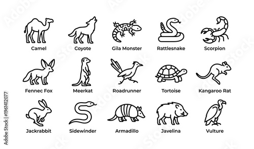 Desert animals icons set featuring camel, coyote, tortoise, and more