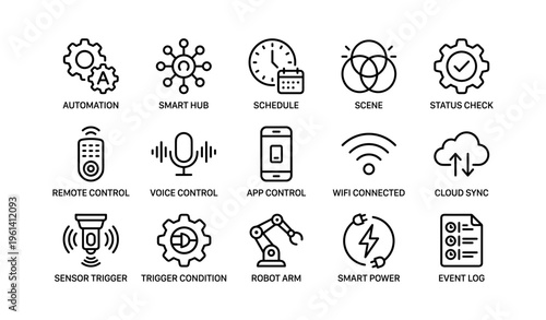 Home automation and smart technology icon set with various features