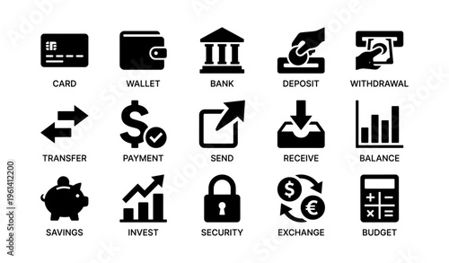 Financial icons set featuring card, wallet, bank, deposit, and more