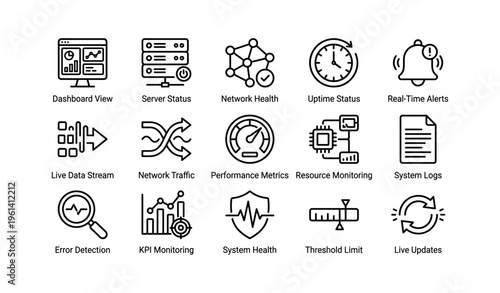 Icon set representing network management and system monitoring tools