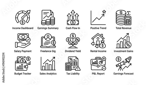 Financial icon set illustrating revenue, payment, investment, and earnings growth
