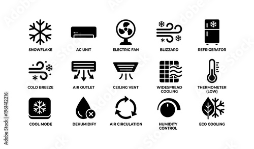 Cool mode icons: air conditioning, fan, snowflake, eco, ventilation symbols