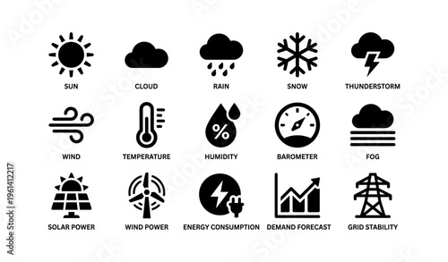 Weather and energy icons: sun, cloud, rain, snow, wind, solar, power, energy