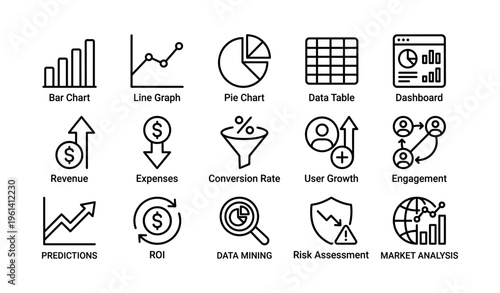 Data visualization icons: chart, graph, revenue, growth, analysis