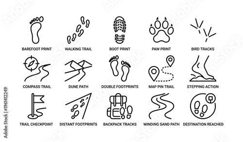 Footprint trail symbols: barefoot, boot, paw, bird, compass, map icons