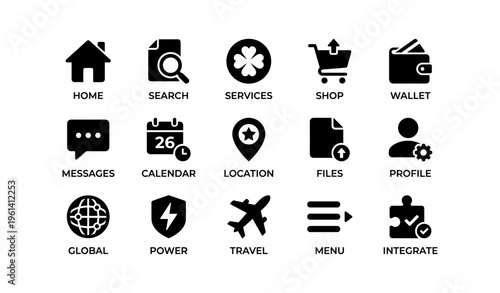 Set of simple black business and utility icons including search, travel, and profile