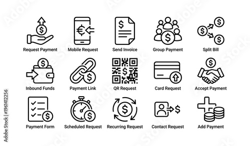 Payment icons collection: request, transfer, invoice, qr code, card