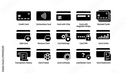 Credit card icons: contactless, chip, magnetic stripe, settings, security and more