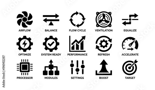 Performance icons: airflow, balance, system settings, optimize, boost, target