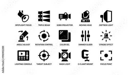 Stage lighting icon set displaying various equipment and functions