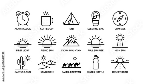 Camping icons set: clock, coffee, tent, sleeping bag, compass, sunrise, cactus, dunes, camels, water, desert road