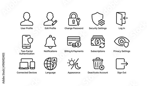 User interface settings icons: profile, security, privacy, notifications, language