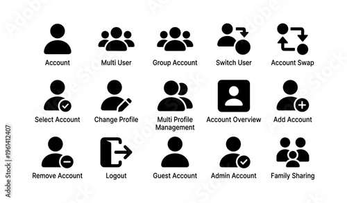 User account management icons: multi user, switch, profile, admin tools