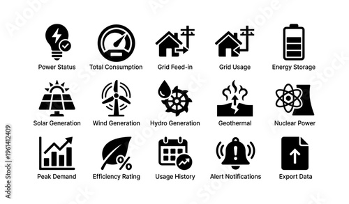 Energy icons: power status, solar and wind generation, nuclear, grid, efficiency, alerts