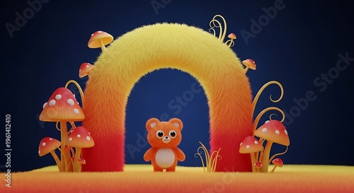 A fluffy orange bear stands before a colorful fuzzy arch with mushrooms, whimsical, and dreamy