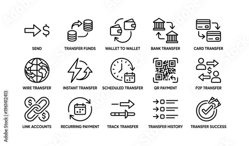 Financial transaction icons collection featuring transfers and payments