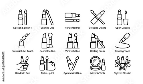 Variety of minimalist makeup icons featuring lipstick and brushes