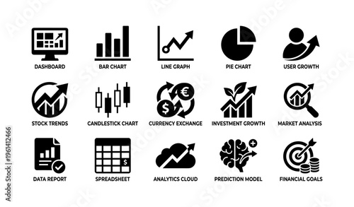 Icon set illustrating business analytics with charts and financial growth elements