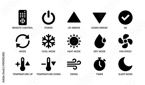 Air conditioner icons: remote, mode, arrows, temperature, fan, timer, and sleep symbols