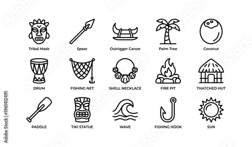 Tribal symbols: masks, canoe, palm, drum, tiki, sun