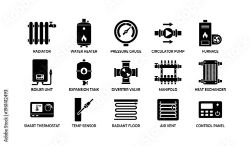 Home heating icons: radiator, water heater, pressure gauge, furnace, thermostat