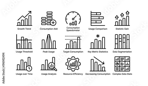 Data usage and consumption statistics icon set