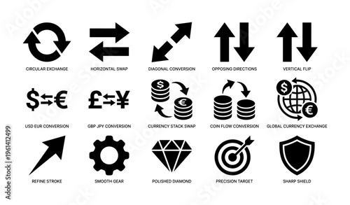 Icon set of currency exchange and conversion symbols