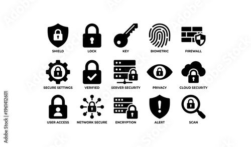 Cybersecurity icons: shield, lock, key, biometric, firewall, cloud security, encryption