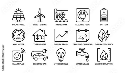 Renewable energy icons: solar panel, wind turbine, hydro dam, electric plug, battery