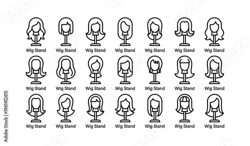 Various iconic wig stand designs collection in grid format