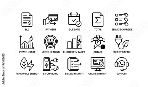 Utility icons: billing, payments, energy management, renewable solutions