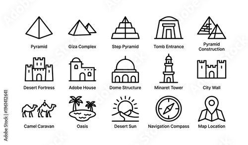Ancient architectural icons with pyramid desert oasis and navigation elements