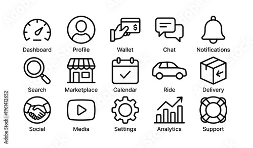 Set of 16 mobile app icons: dashboard, profile, wallet, chat, notifications, and more