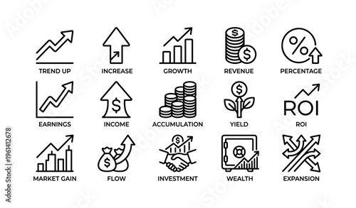 Financial icons: growth, revenue, roi, market gain, investment