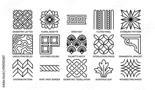 Collection of geometric and floral ornamental design patterns