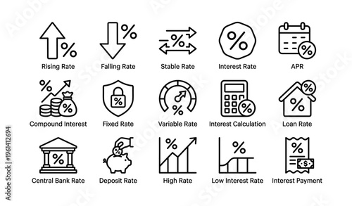 Financial icons set featuring interest and rate symbols
