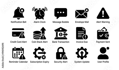Set of black alert and notification icons for digital communication and finance