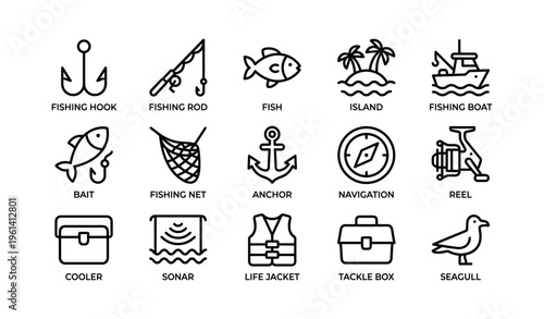 Fishing equipment icons: hook, rod, fish, boat, net, anchor, compass, reel, tackle box