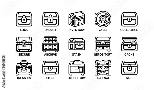 Icons of various secure chests and safes for digital storage and protection