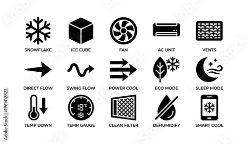 Climate control icons: snowflake, ice cube, fan, ac unit, vents, thermostat