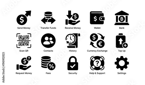 Financial service icons set for money transfer and banking