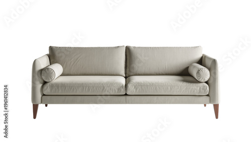 Fotografie Beige fabric loveseat with two cylindrical pillows, modern furniture design isol