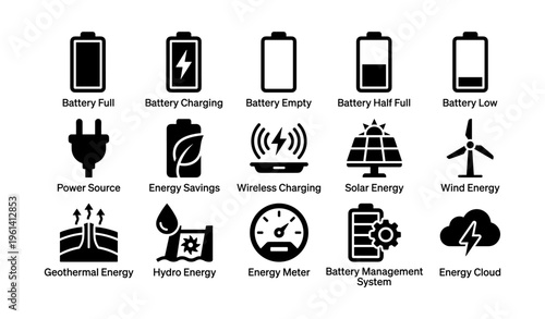 Icons of battery levels and renewable energy sources