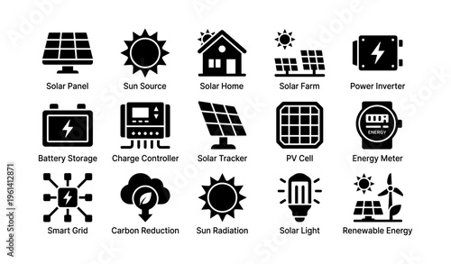 Solar energy icons: panels, inverters, home systems, and renewable solutions